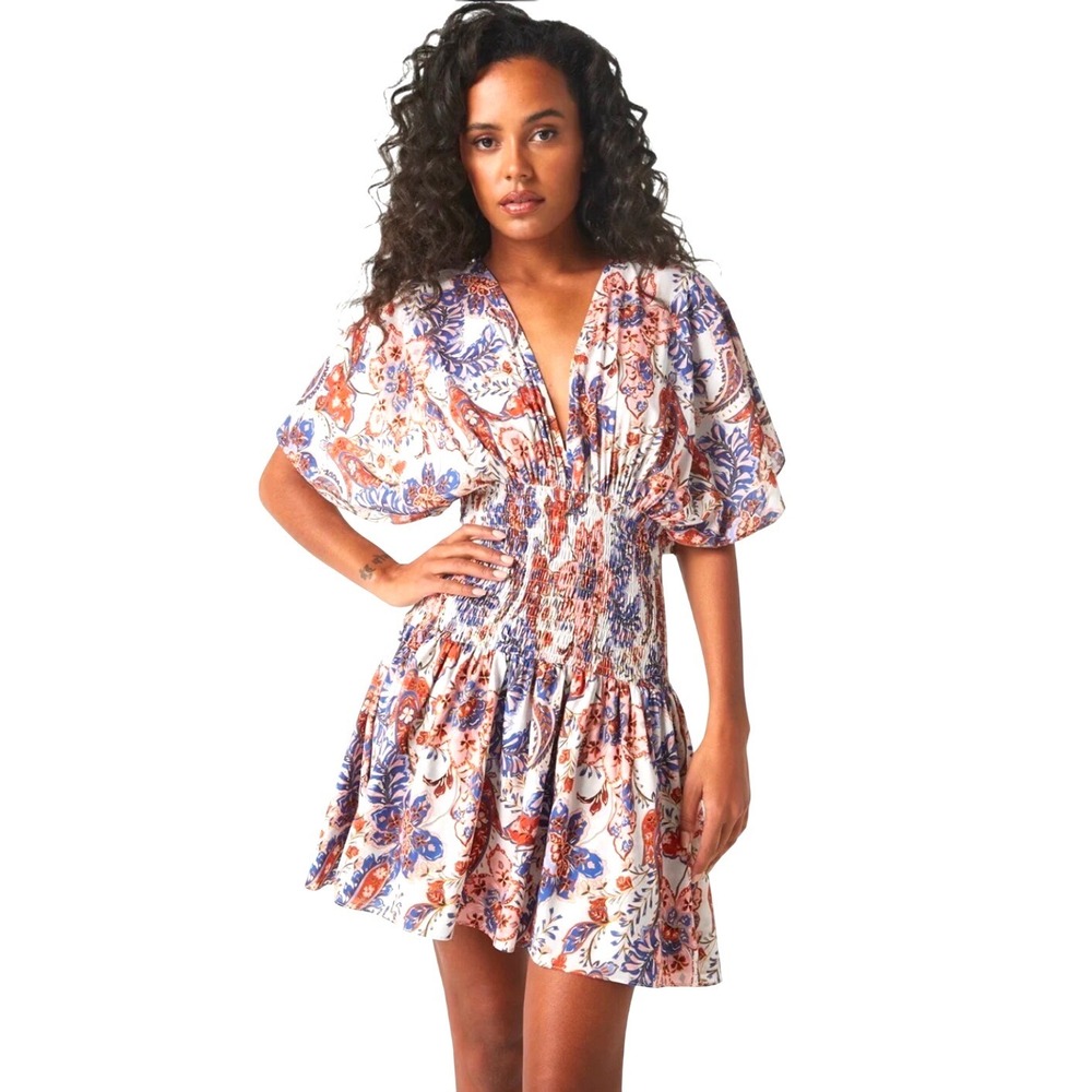 MISA Los Angeles Della Mini Dress Paisley Floral Smocked Waist V-Neck Medium